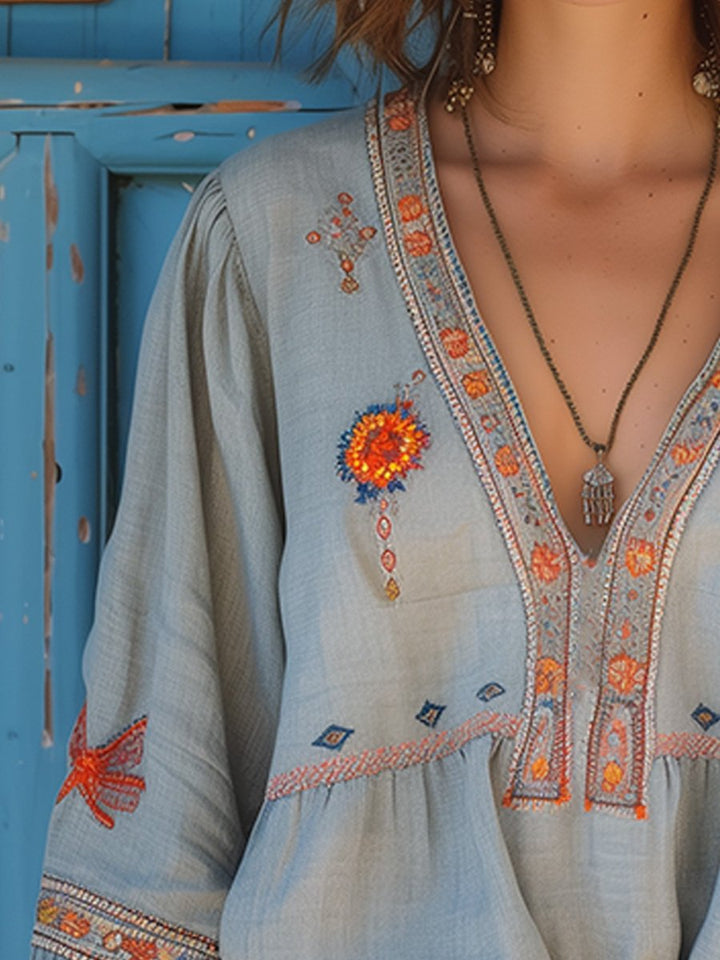 Women's Boho Embroidered V-Neck Blouse Bell Sleeve Top