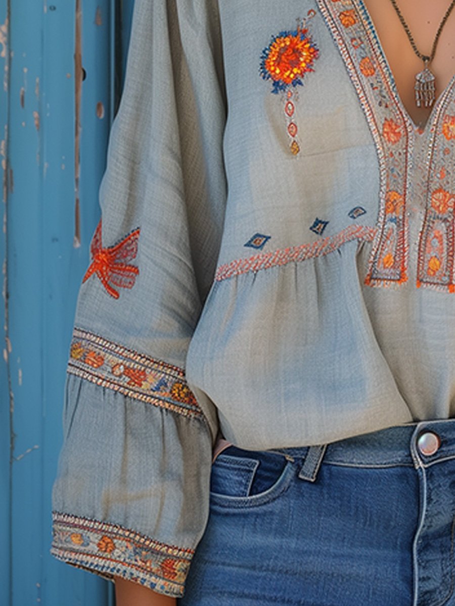 Women's Boho Embroidered V-Neck Blouse Bell Sleeve Top