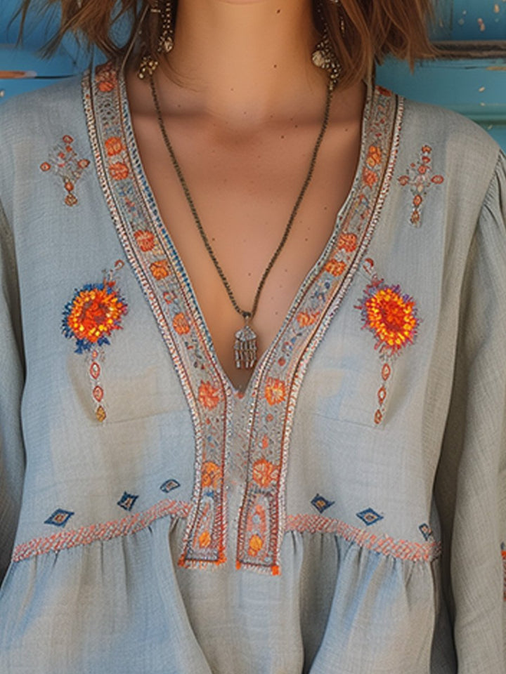 Women's Boho Embroidered V-Neck Blouse Bell Sleeve Top