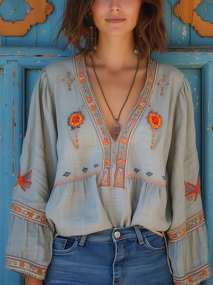 Women's Boho Embroidered V-Neck Blouse Bell Sleeve Top