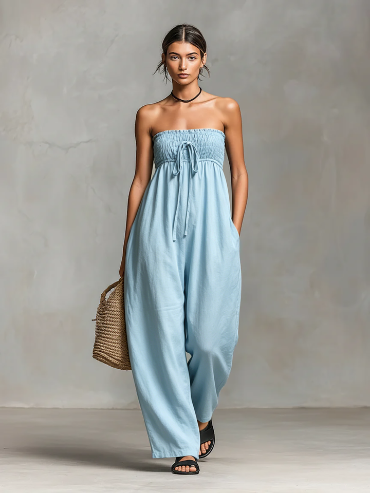 Women's Linen Strapless Jumpsuit Loose Fit Tie Closure