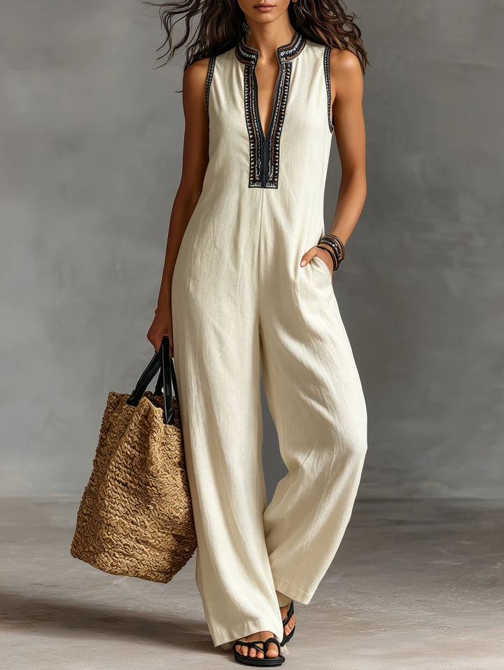 Women's Linen Blend Jumpsuit Sleeveless Wide Leg Boho