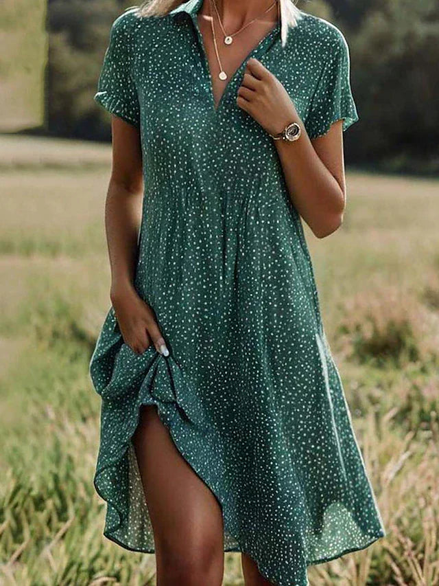 Women's Polka Dot Collared V-Neck A-Line Summer Dress