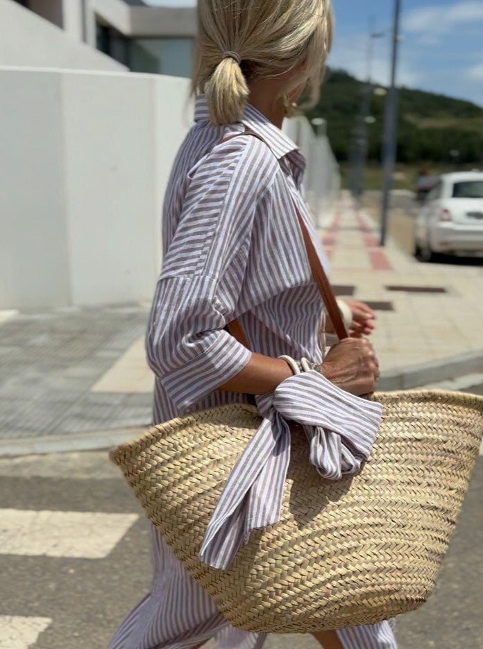 Women's Striped Maxi Shirt Dress Long Sleeve Button