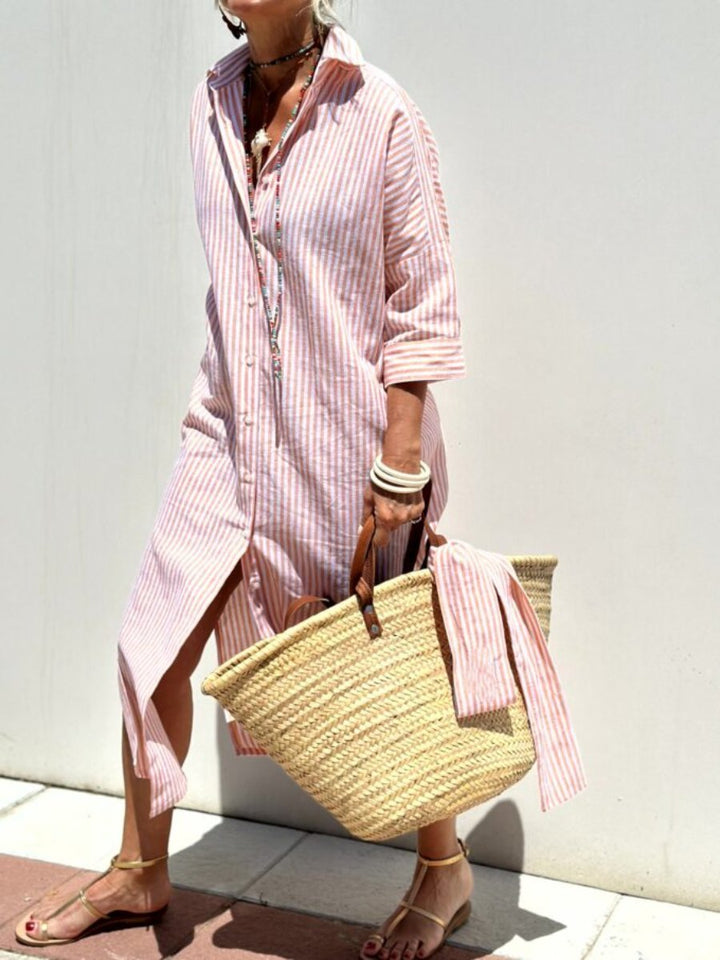 Women's Striped Maxi Shirt Dress Long Sleeve Button