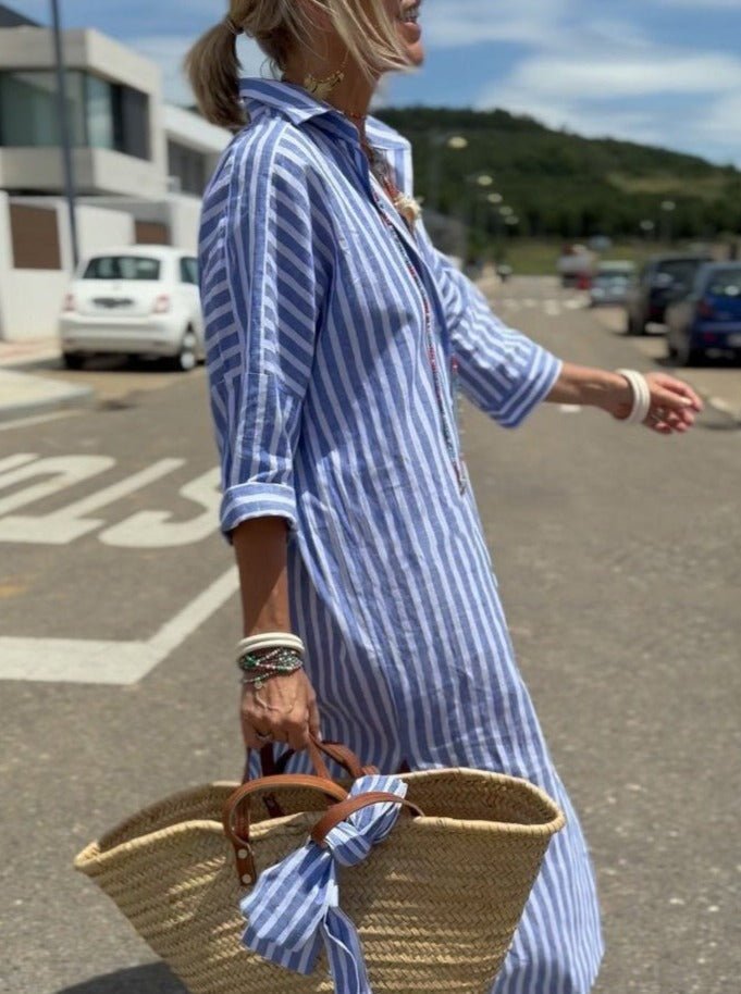 Women's Striped Maxi Shirt Dress Long Sleeve Button