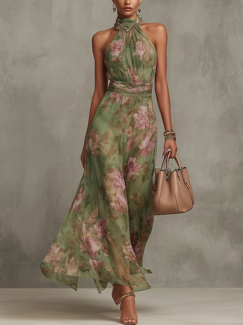Women's Floral Print Halter Neck Gathered Waist Maxi Dress