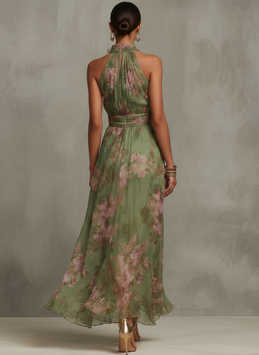 Women's Floral Print Halter Neck Gathered Waist Maxi Dress