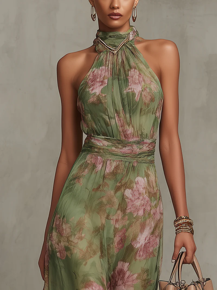 Women's Floral Print Halter Neck Gathered Waist Maxi Dress