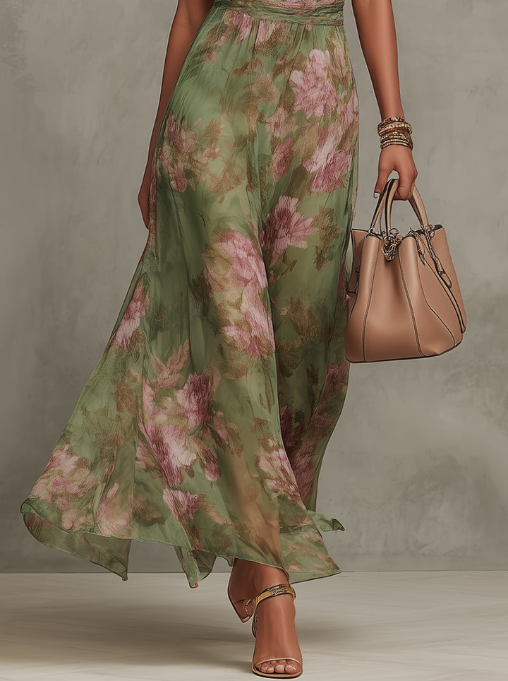 Women's Floral Print Halter Neck Gathered Waist Maxi Dress