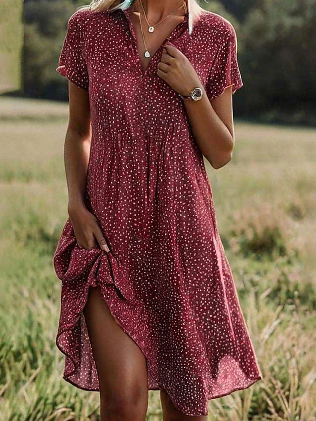 Women's Polka Dot Collared V-Neck A-Line Summer Dress