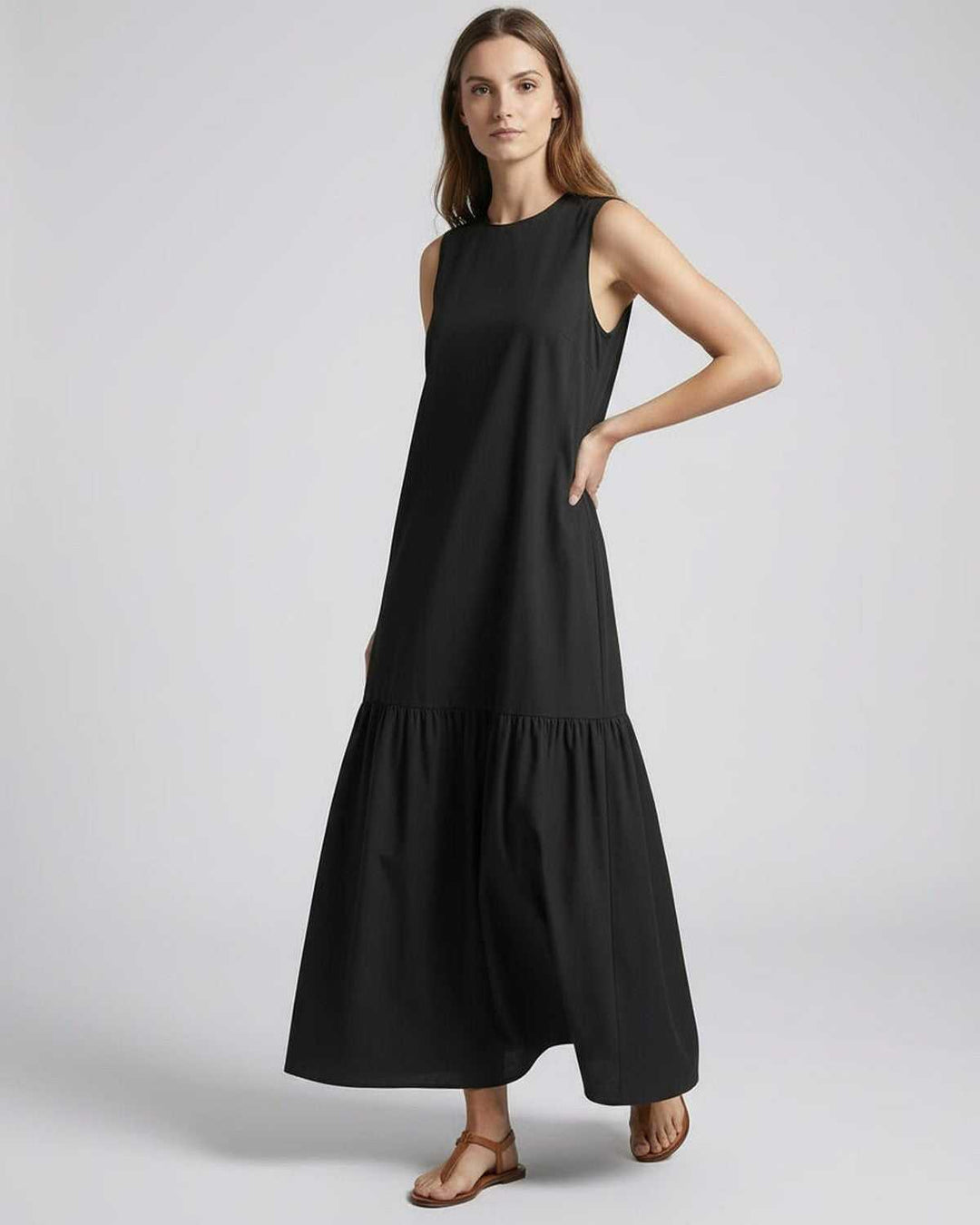 Women's Sleeveless Tiered Maxi Dress Round Neck A-Line