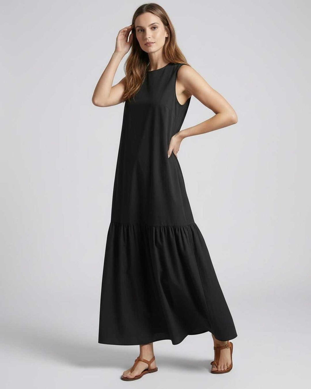 Women's Sleeveless Tiered Maxi Dress Round Neck A-Line