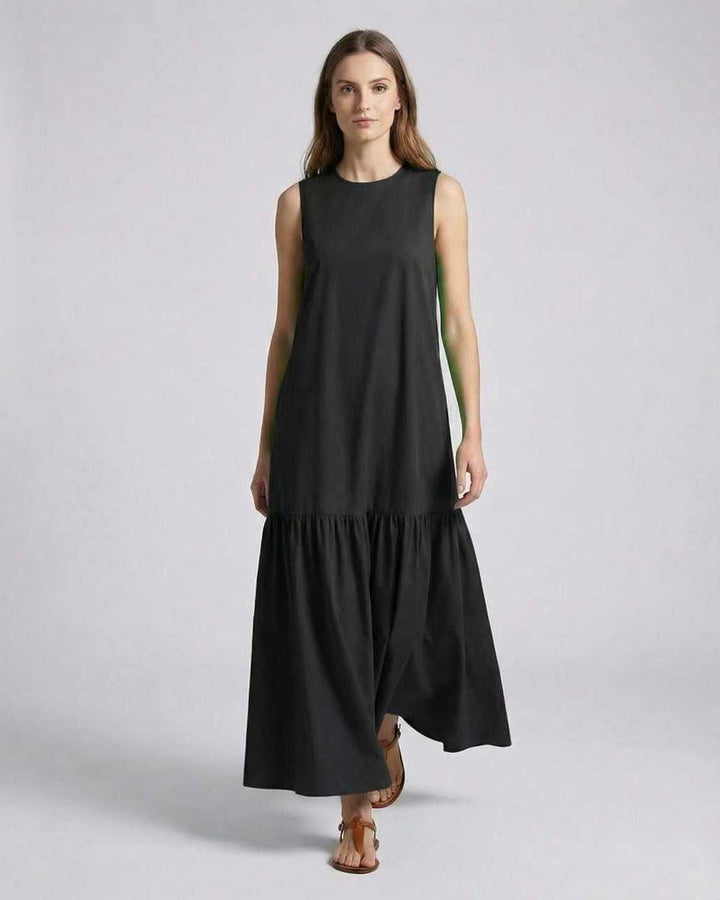 Women's Sleeveless Tiered Maxi Dress Round Neck A-Line