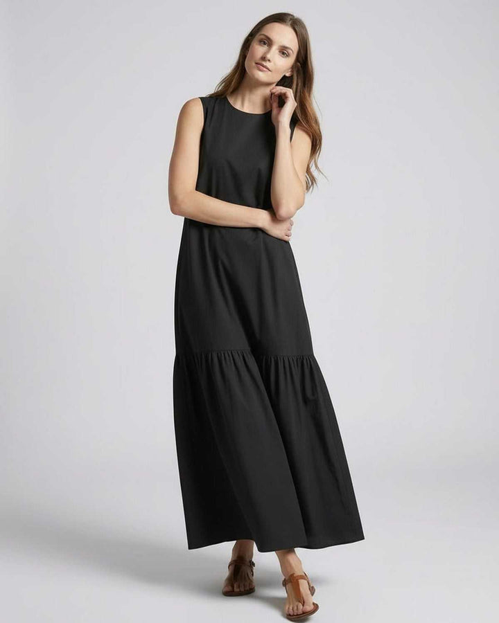 Women's Sleeveless Tiered Maxi Dress Round Neck A-Line