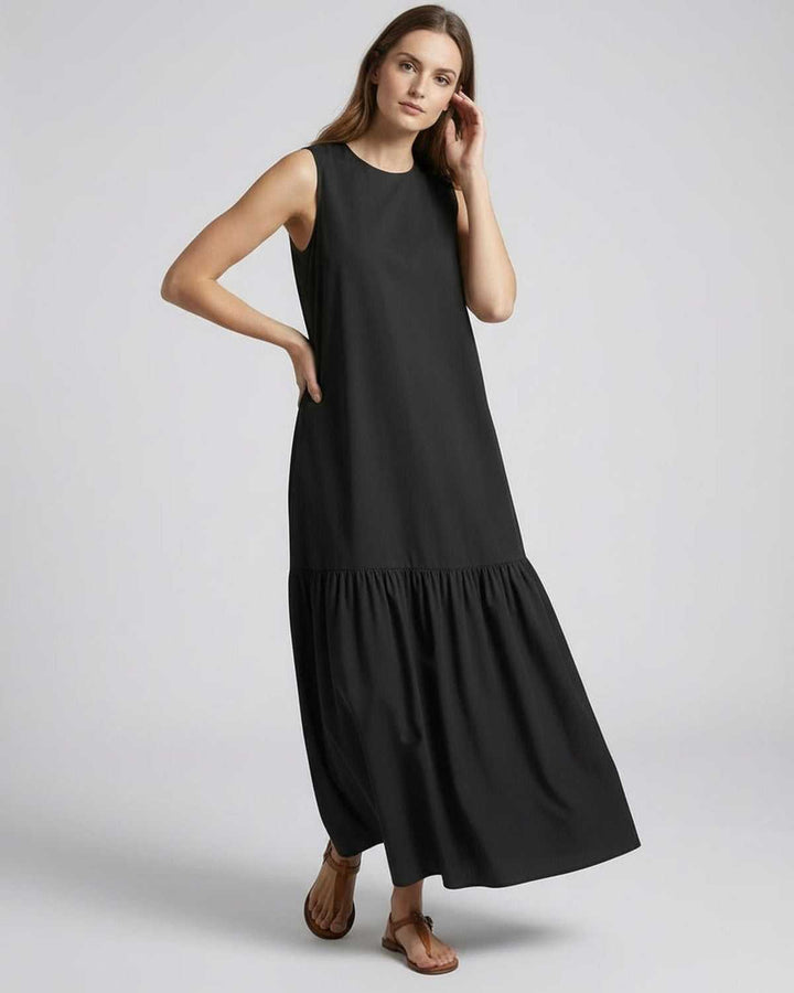 Women's Sleeveless Tiered Maxi Dress Round Neck A-Line