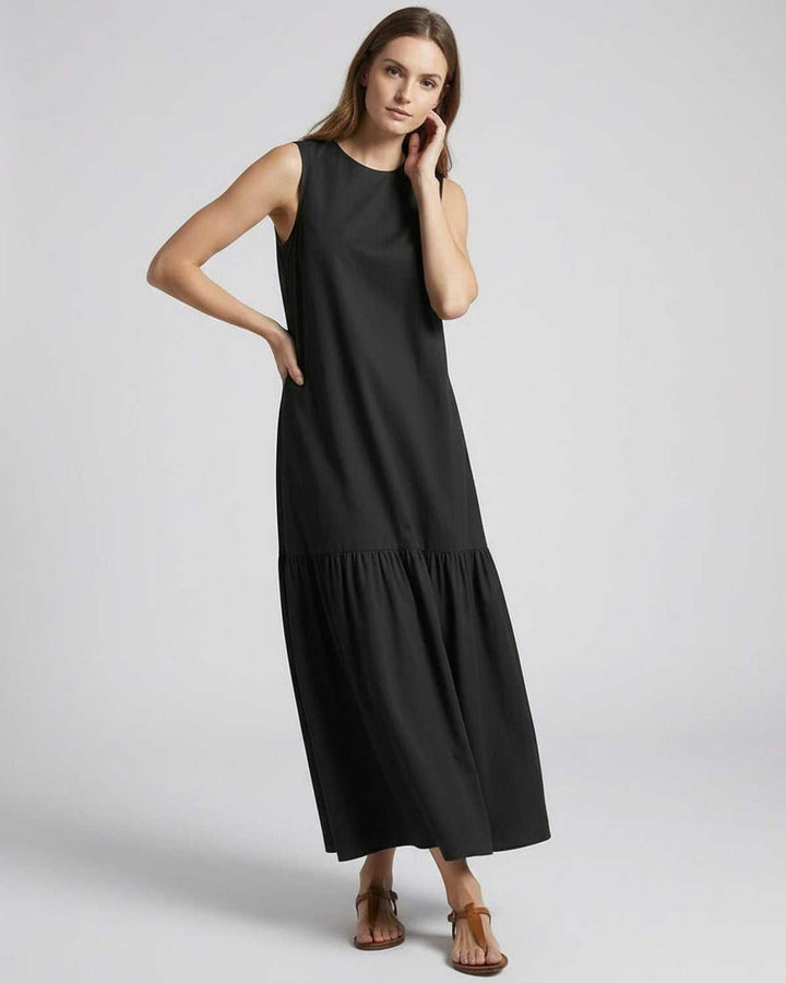 Women's Sleeveless Tiered Maxi Dress Round Neck A-Line