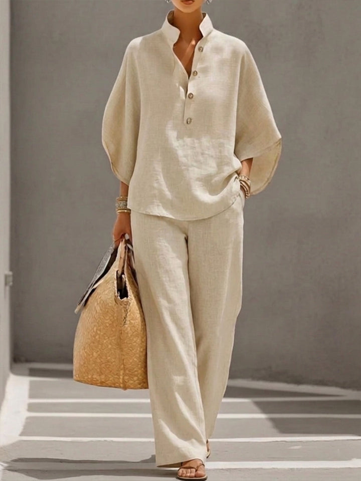 Women's 2 Piece Linen Batwing Top and Wide Leg Pants Set