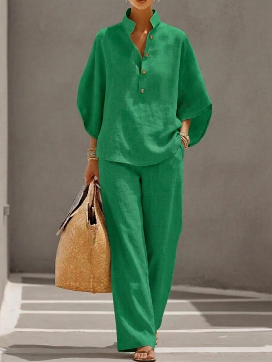 Women's 2 Piece Linen Batwing Top and Wide Leg Pants Set