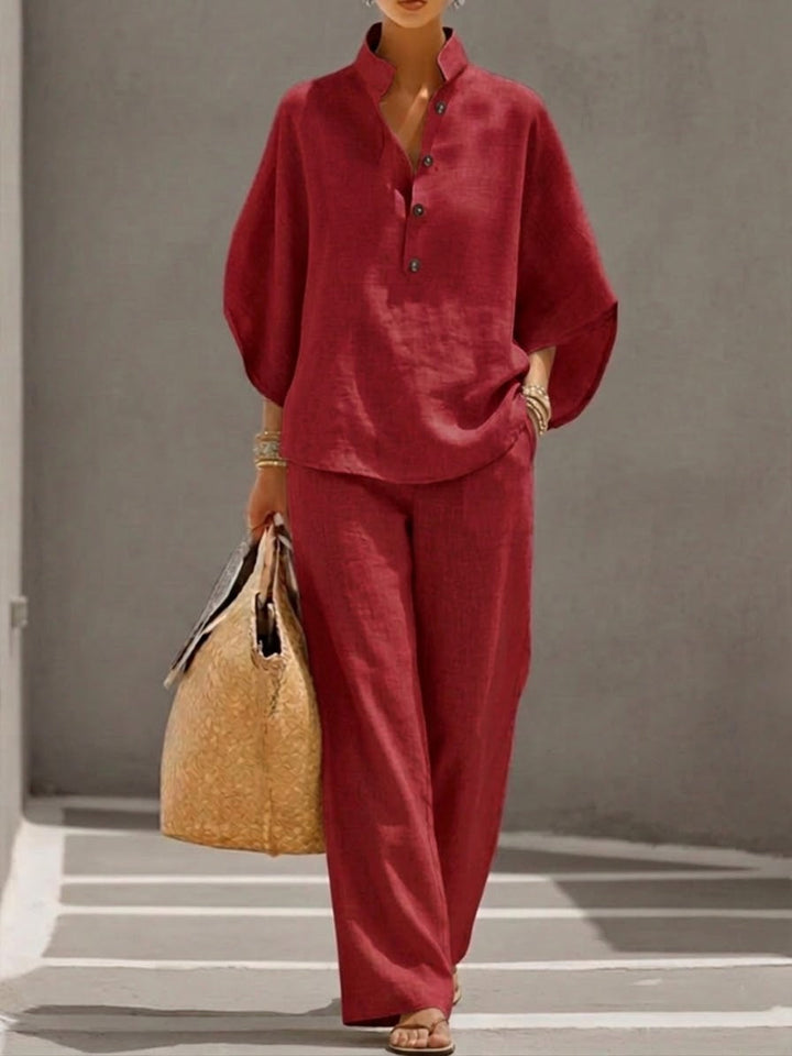 Women's 2 Piece Linen Batwing Top and Wide Leg Pants Set