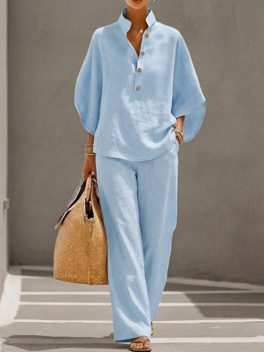 Women's 2 Piece Linen Batwing Top and Wide Leg Pants Set