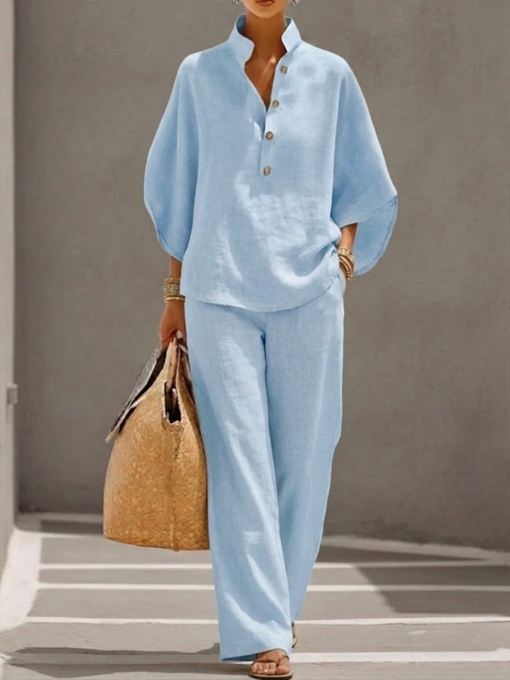 Women's 2 Piece Linen Batwing Top and Wide Leg Pants Set