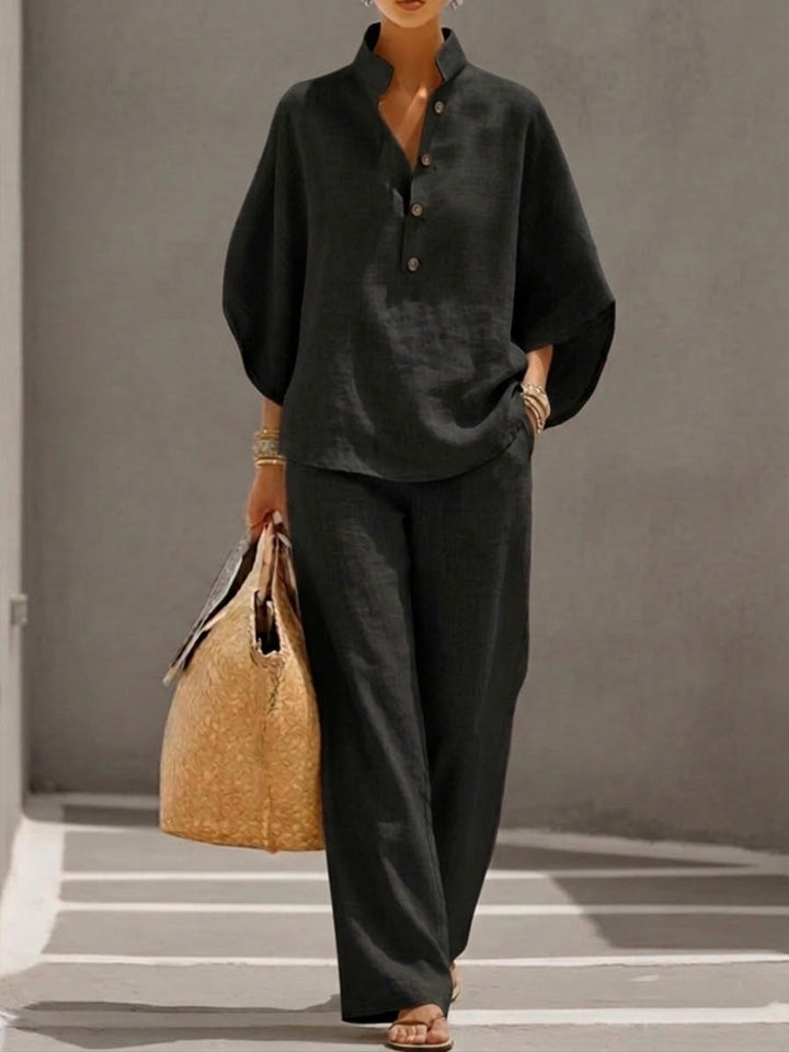 Women's 2 Piece Linen Batwing Top and Wide Leg Pants Set