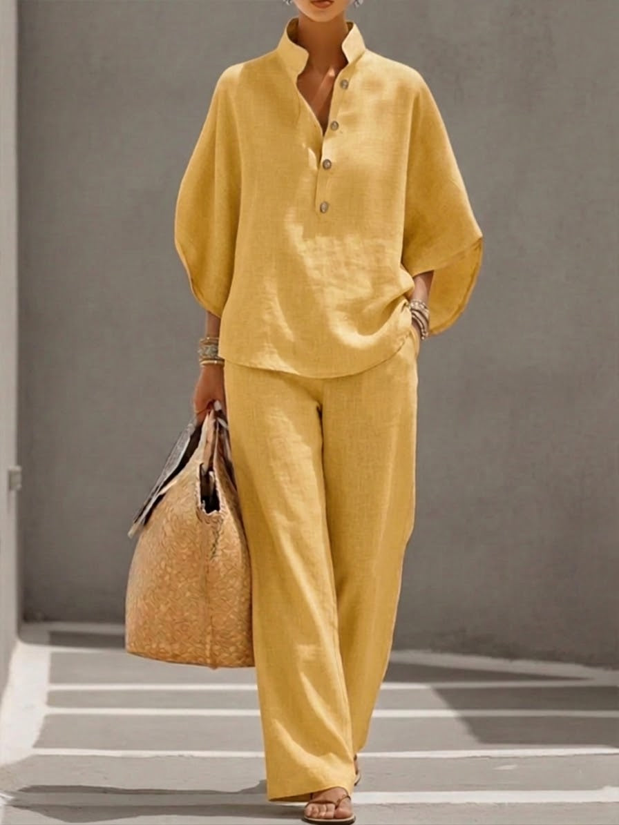 Women's 2 Piece Linen Batwing Top and Wide Leg Pants Set