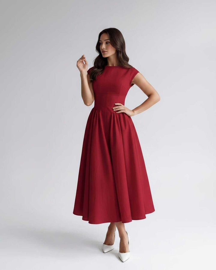 Women's A-Line Midi Dress Cap Sleeve Fitted Bodice