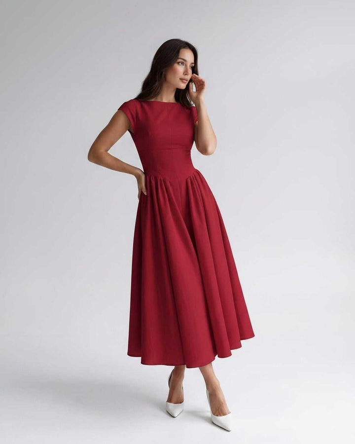 Women's A-Line Midi Dress Cap Sleeve Fitted Bodice