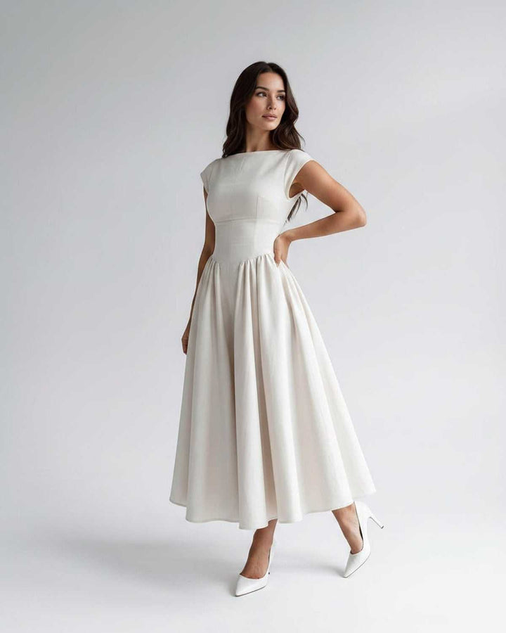 Women's A-Line Midi Dress Cap Sleeve Fitted Bodice