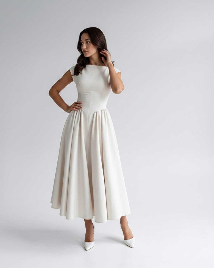 Women's A-Line Midi Dress Cap Sleeve Fitted Bodice