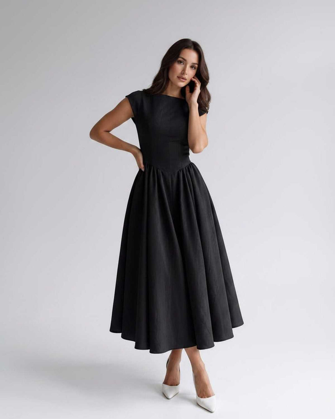 Women's A-Line Midi Dress Cap Sleeve Fitted Bodice