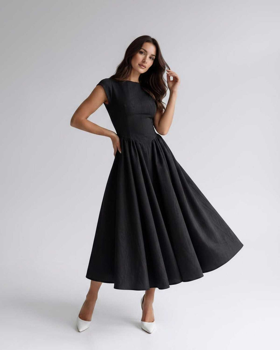 Women's A-Line Midi Dress Cap Sleeve Fitted Bodice