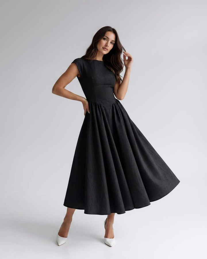 Women's A-Line Midi Dress Cap Sleeve Fitted Bodice
