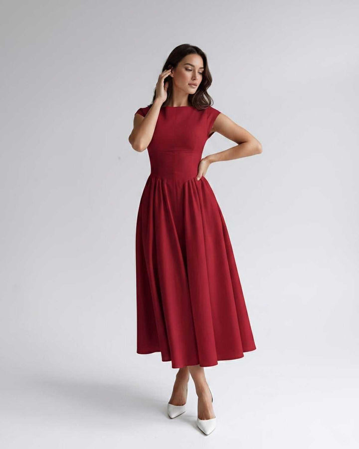 Women's A-Line Midi Dress Cap Sleeve Fitted Bodice
