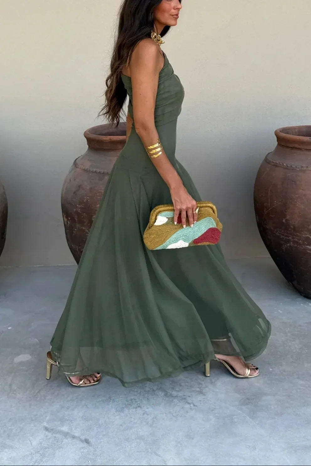 Women's Tie Dye Off Shoulder Pleated Maxi Dress