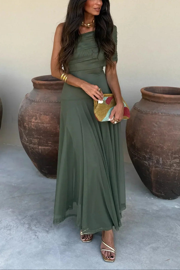 Women's Tie Dye Off Shoulder Pleated Maxi Dress