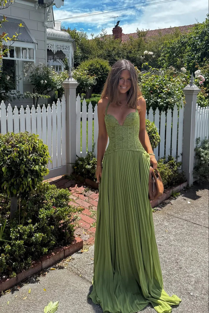 Women's Green Corset Pleated Chiffon Maxi Dress