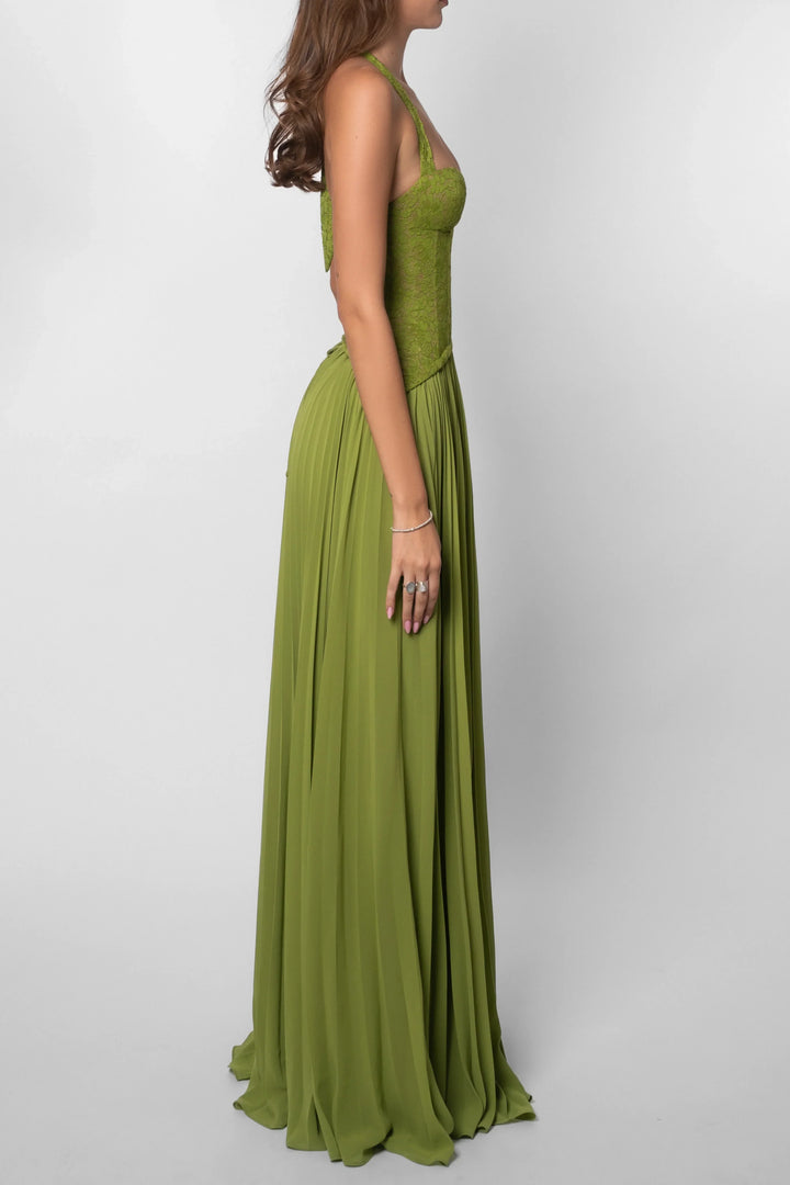 Women's Green Corset Pleated Chiffon Maxi Dress