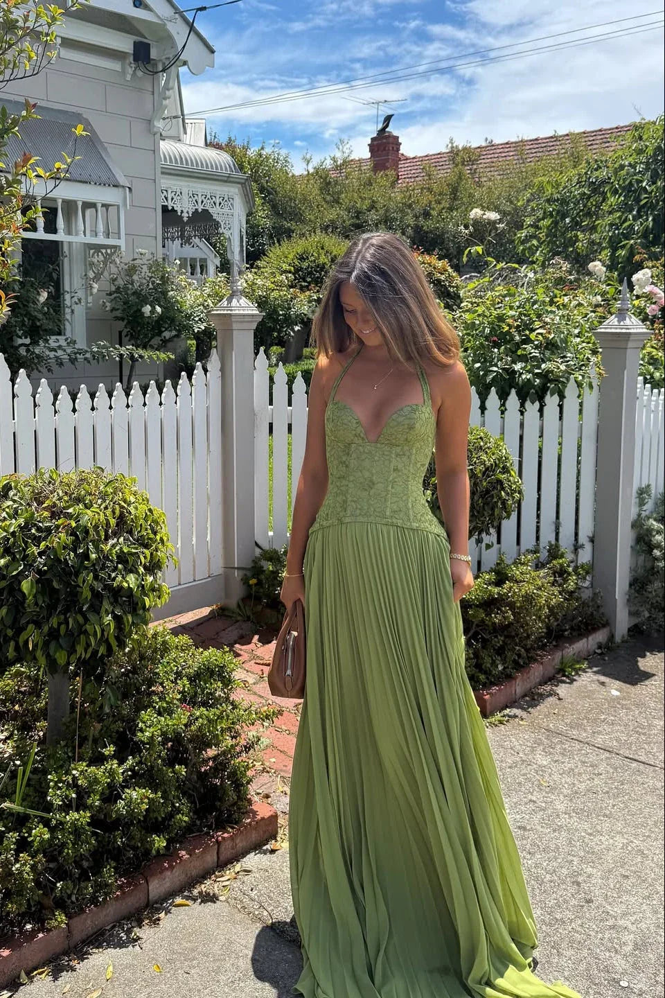 Women's Green Corset Pleated Chiffon Maxi Dress