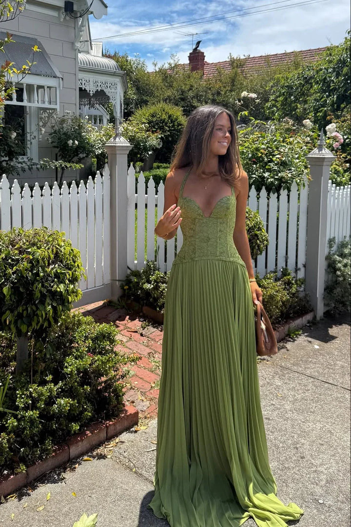 Women's Green Corset Pleated Chiffon Maxi Dress