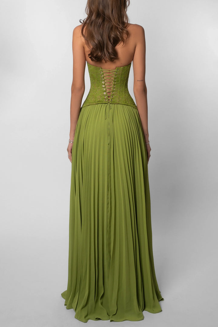 Women's Green Corset Pleated Chiffon Maxi Dress