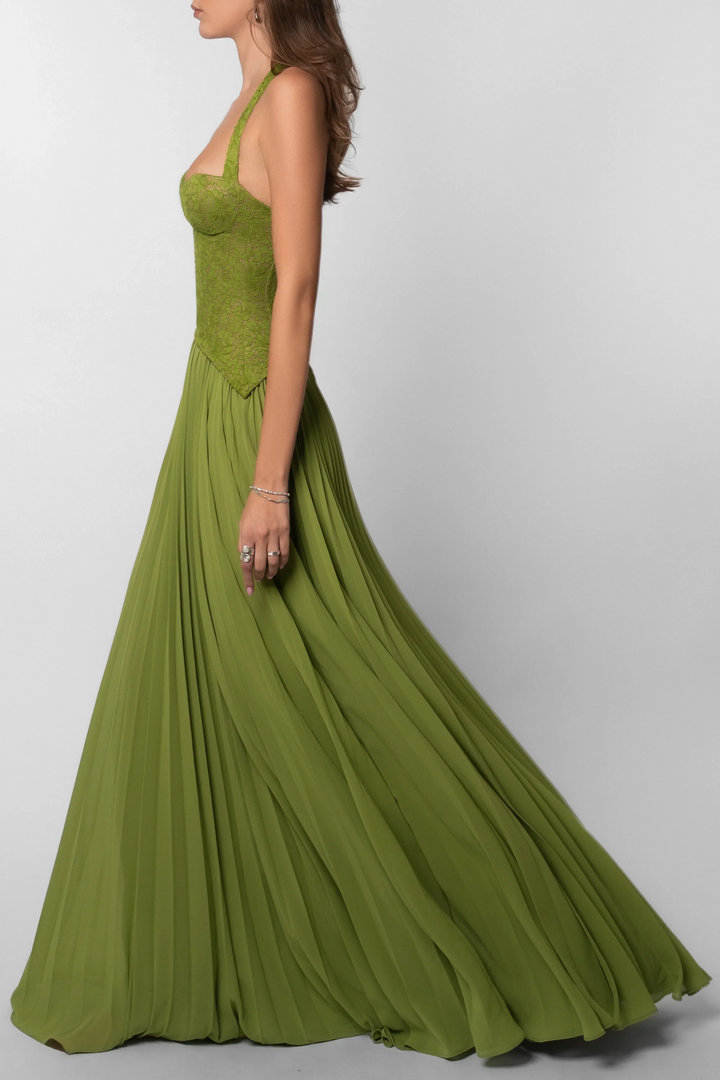 Women's Green Corset Pleated Chiffon Maxi Dress