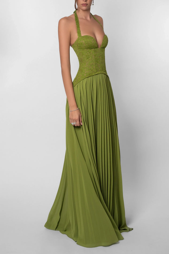 Women's Green Corset Pleated Chiffon Maxi Dress