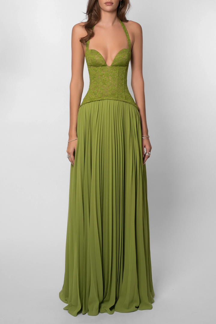 Women's Green Corset Pleated Chiffon Maxi Dress