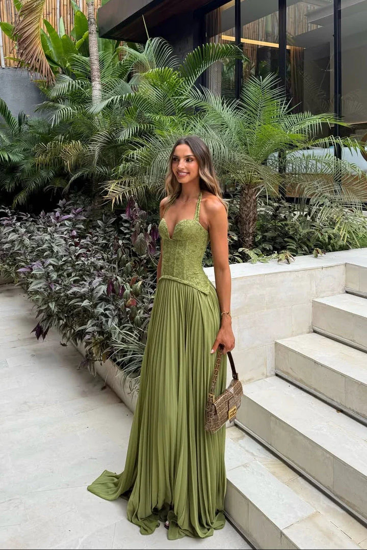 Women's Green Corset Pleated Chiffon Maxi Dress