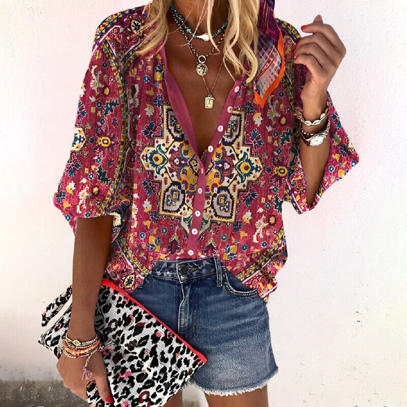 Women's Boho Print V-Neck Long Sleeve Button Down Blouse