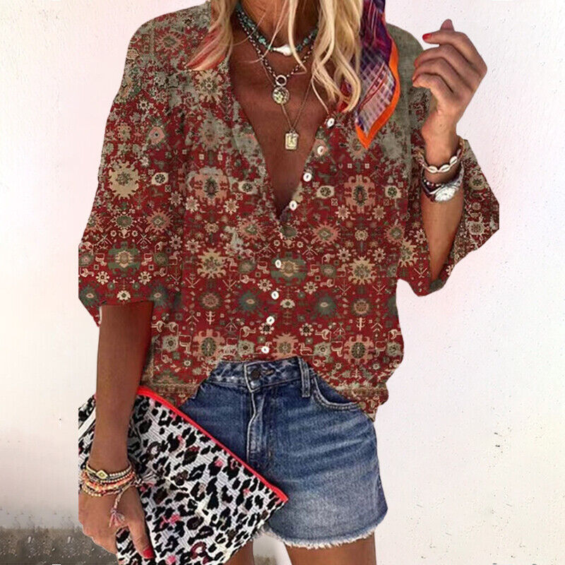 Women's Boho Print V-Neck Long Sleeve Button Down Blouse