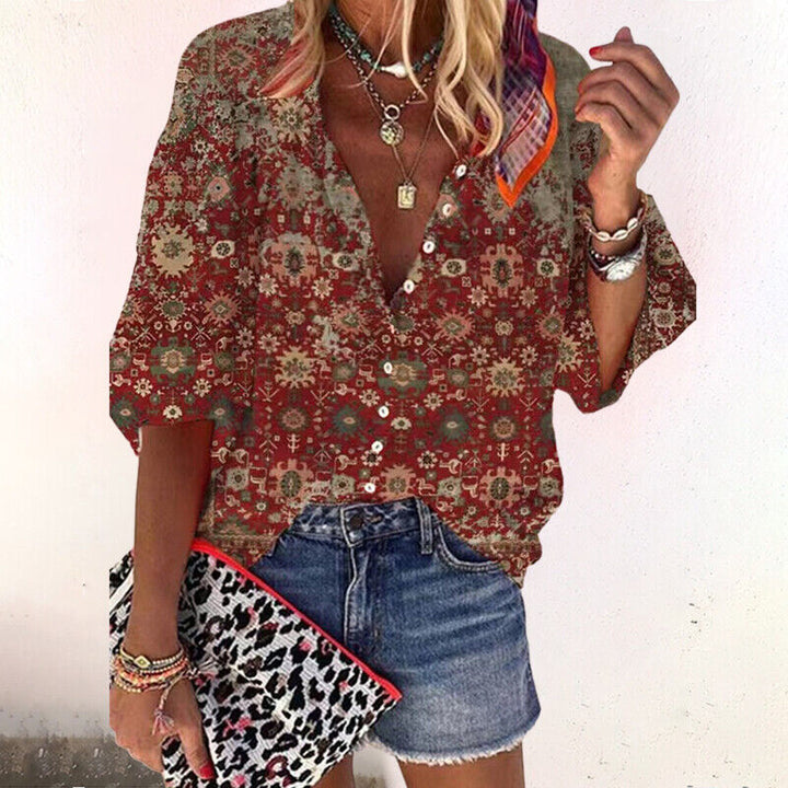 Women's Boho Print V-Neck Long Sleeve Button Down Blouse